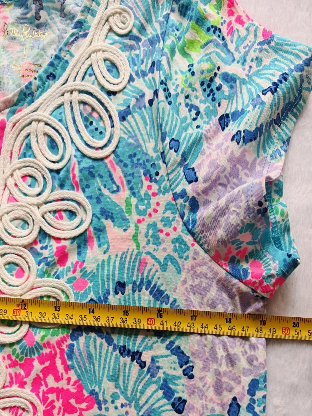Lilly Pulitzer Pima Cotton Tunic Dress L Blue Pink Tropical Print Lace Neckline - Picture 7 of 11
